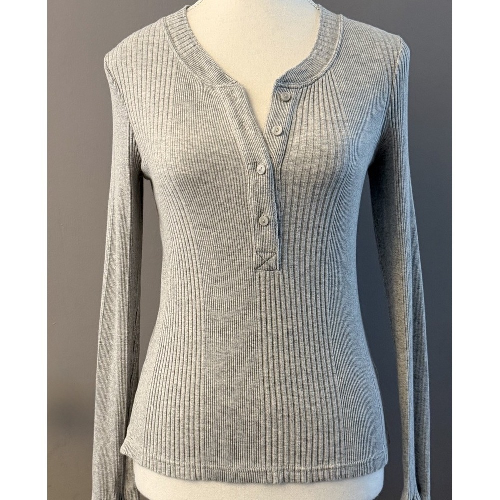 Aerie Henley Long Sleeve Small Gray Y2K Ribbed Preppy Casual - Picture 2 of 6